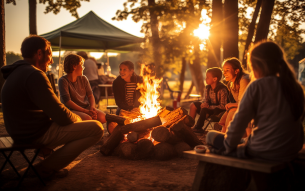 Family gathered around a campfire, basking in the glow of the setting sun, creating memories that will last a lifetime.