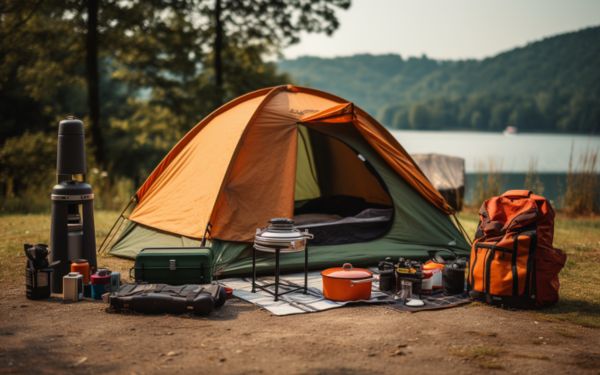 A cozy tent surrounded by camping gear and equipment, perfect for a fun outdoor adventure