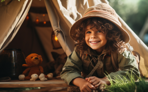 A young boy wearing a hat sits cheerfully in front of a colorful tent, ready for an exciting adventure!
