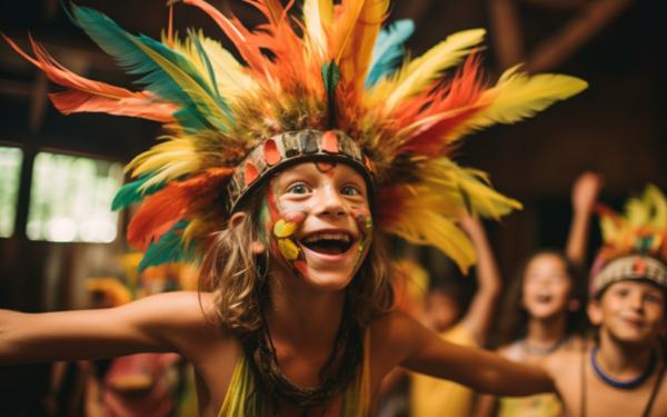 A vibrant young girl wearing a colorful headdress adorned with feathers, radiating joy and cultural pride.